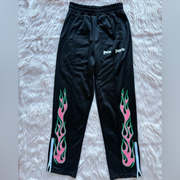 EUC RARE Palm Angels Venice SRL Black Track Pants With Pink and Green Flames - Picture 2 of 8